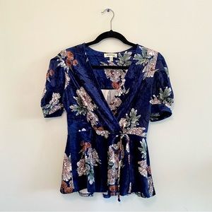 Navy Floral Crushed Velvet Faux Wrap Top, M